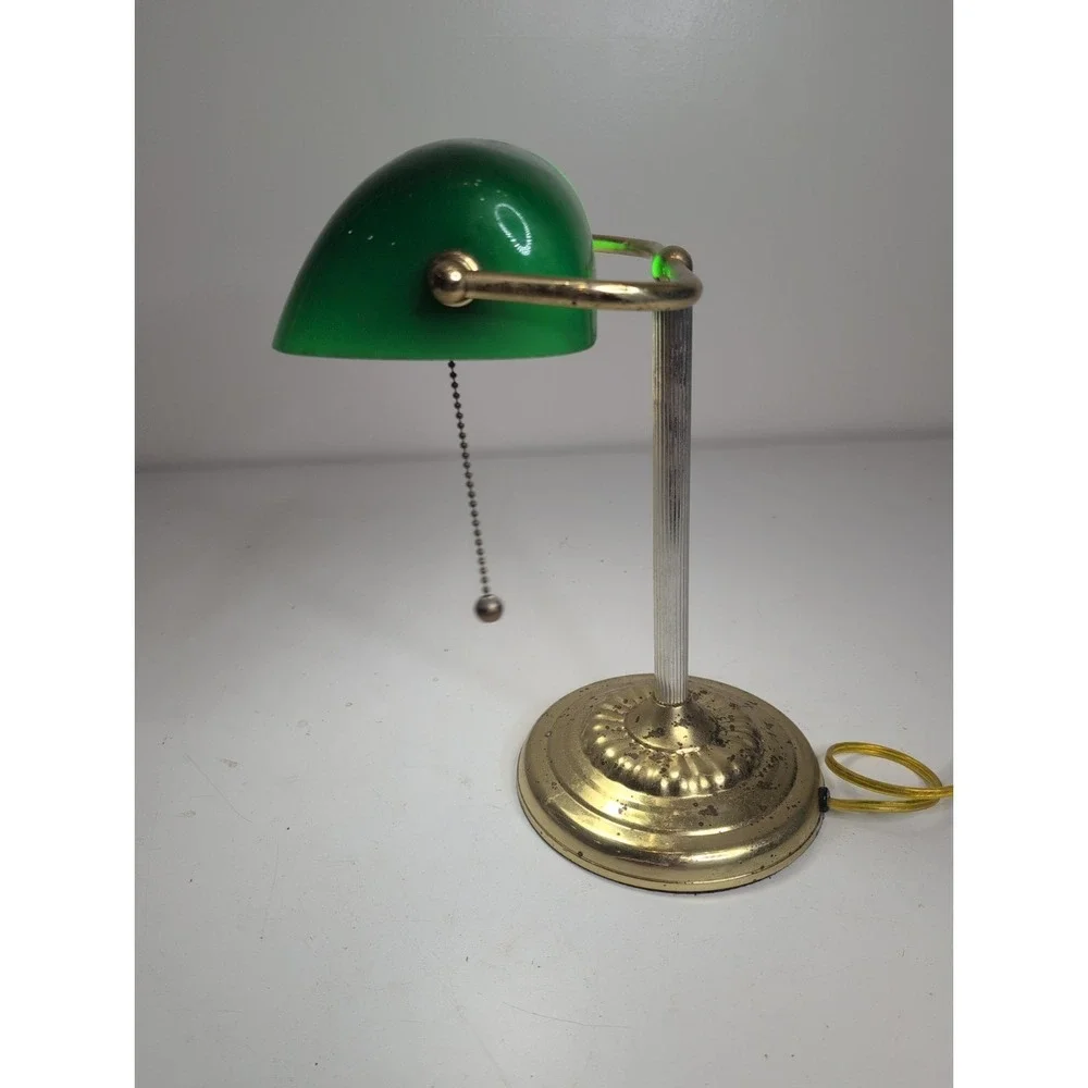Vintage Brass Bankers Desk Lamp Green Glass Pull Chain